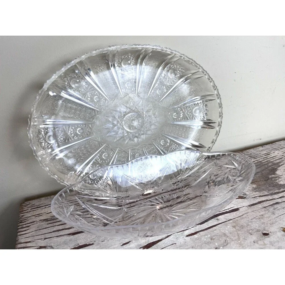 Vintage Crystal Cut Plastic Serving Bowls Set Of 2 / Tray ~ Bowls / Retro Dining